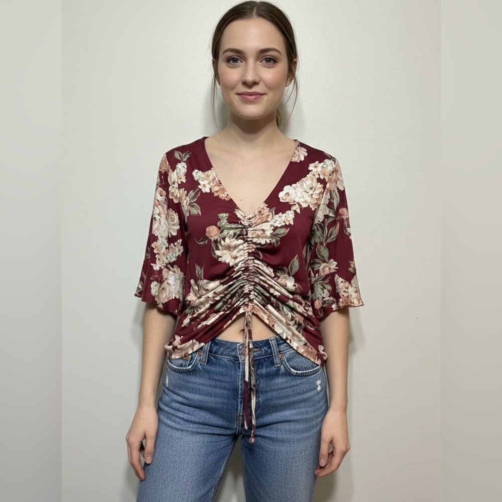 Vintage Y2K Floral Cinch Front Bell Sleeve Blouse by Ultra Flirt